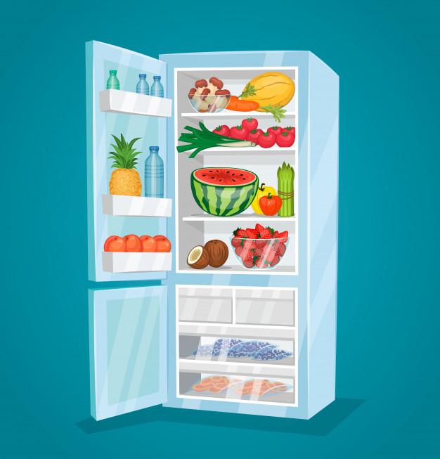 Refrigerator full of food in flat style Premium Vector