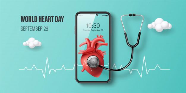 World heart day banner, red heart on smartphone screen, doctor consultation online and health insurance concept. Premium Vector