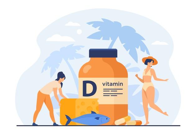 Tiny women eating fatty fish, vitamin d, cheese and sunbathing flat vector illustration. cartoon ladies using food supplements for deficiency reduction. wellbeing and health concept Free Vector