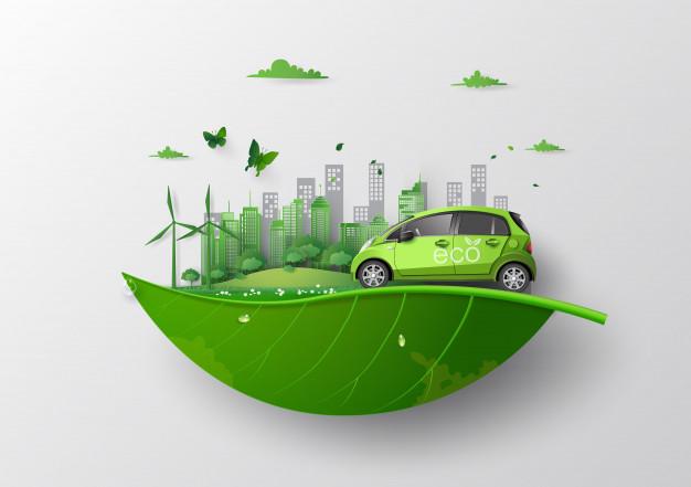 Concept of environmentally friendly  with eco car. Premium Vector