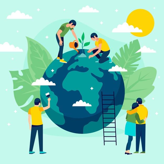 Save the planet concept illustration with people and globe Free Vector